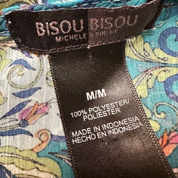 BISOU BISOU Top Women M Teal Blue Floral Sheer Flowy Babydoll V-neck Blouse NWOT - Picture 6 of 7